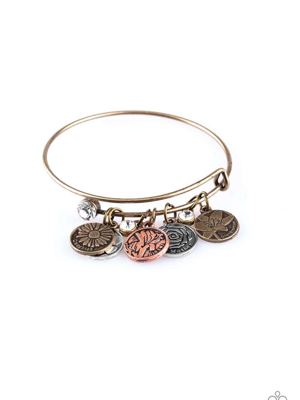 Charm Bangle Bracelet with Mixed Metal Tokens - Antique Gold Tone